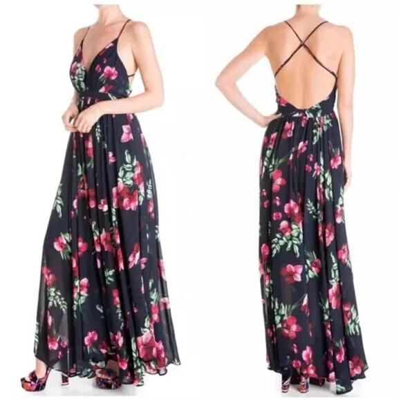 Meghan Los Angeles Enchanted Garden Maxi Dress Floral Navy Orchid Size L NWT - Picture 1 of 11